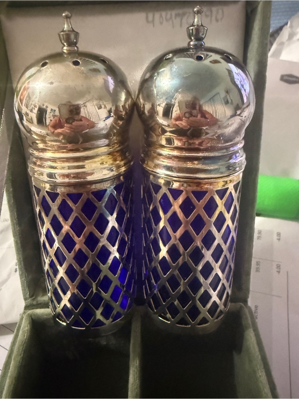 Vintage Silver Lattice Cobalt Blue Glass Salt and Pepper Shakers